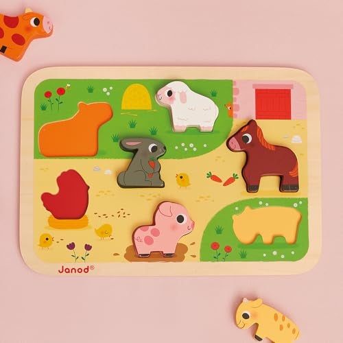 Janod Chunky Farm Wooden Puzzle with 7 Pieces Educational Toddler Puzzle Toy with Farm Animals EasyGrip Wooden Figures for Fine Motor Skills Learning Imaginative Play Ages 18 Months J07121 - Image 5