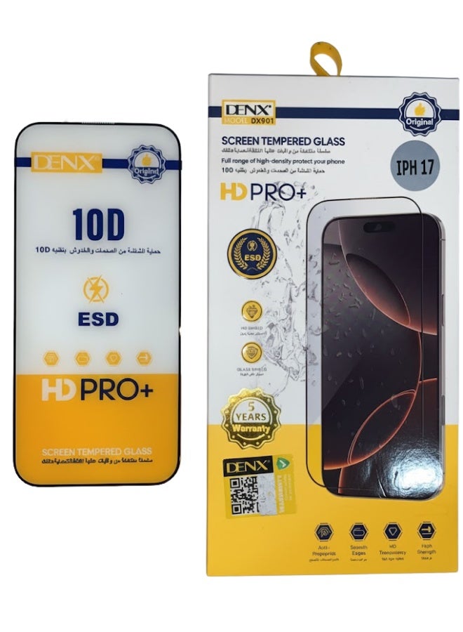دينكس واقي شاشة زجاجي مقوى دينكس إتش دي برو بلس لهاتف آيفون 17 بتغطية كاملة 10D وحماية محسّنة من الصدمات