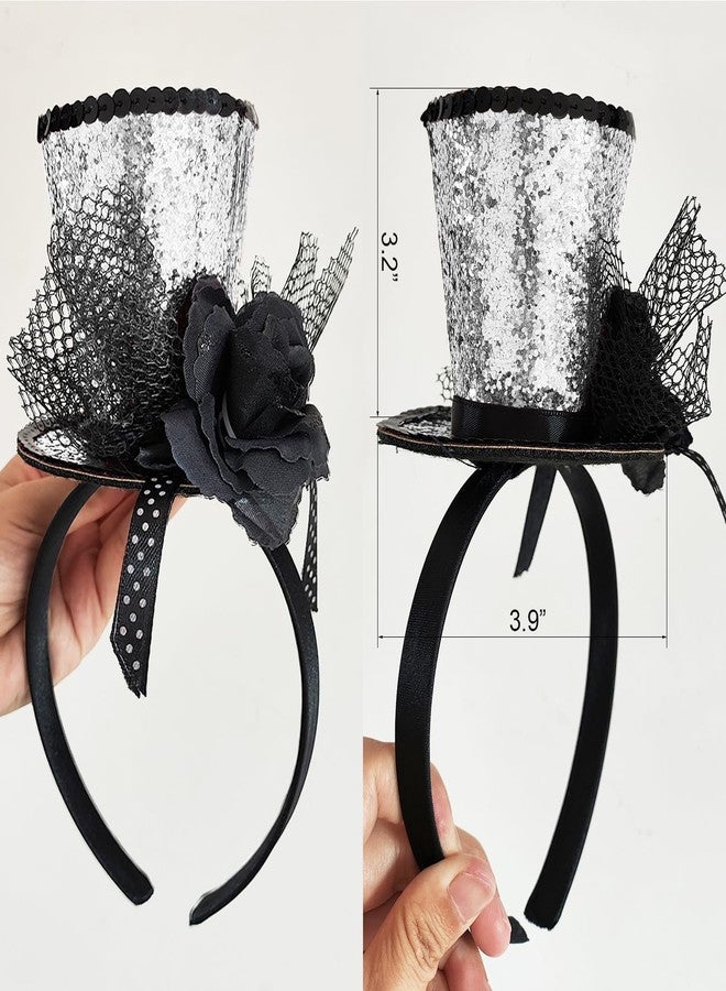 WLBON Halloween Mini Top Hat Headband 1920s Flower Sequins Hair Hoops Bands Fascinator Headpiece Hairband Women Christmas Holiday Festival Parade Cosplay Dress Up Birthday Tea Party Accessories Silver - Image 5