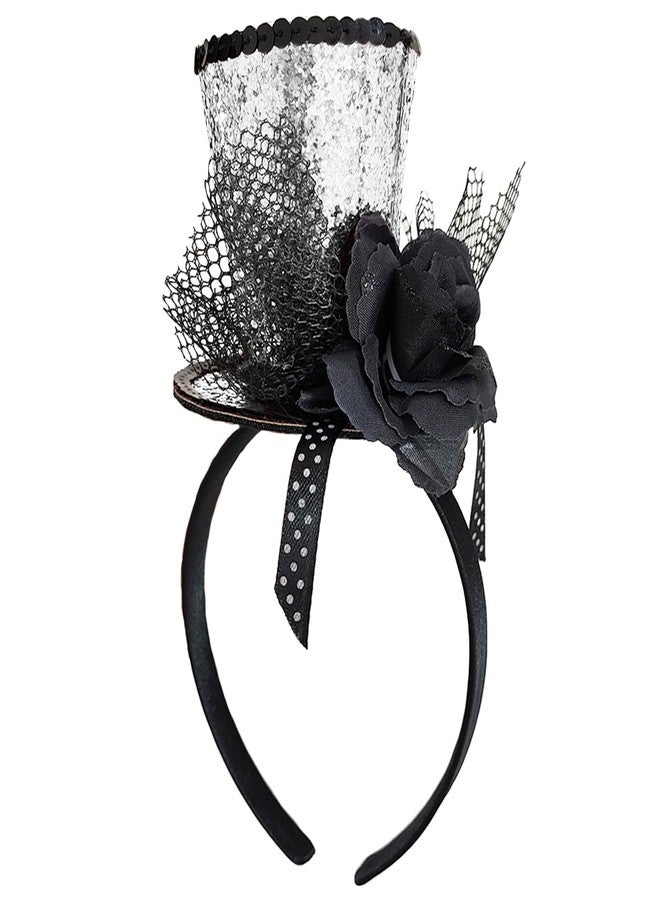 WLBON Halloween Mini Top Hat Headband 1920s Flower Sequins Hair Hoops Bands Fascinator Headpiece Hairband Women Christmas Holiday Festival Parade Cosplay Dress Up Birthday Tea Party Accessories Silver - Image 1