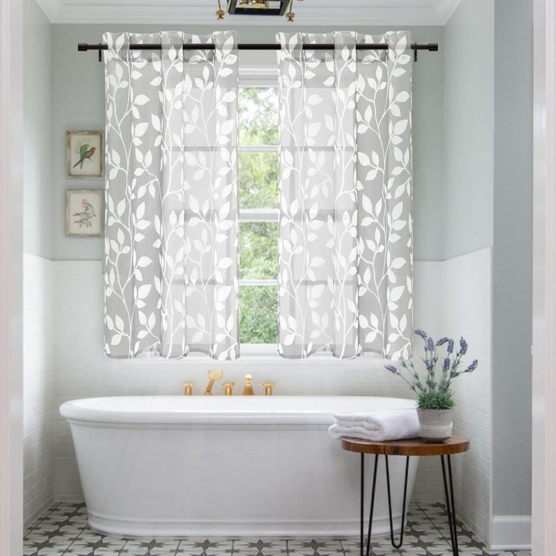 XTMYI Light Grey Small Window Curtain Panels for BathroomGrommet Leaf Striped Pattern Design Sheer Half Short Curtains for Bedroom Kitchen SetGray and White48 Inch Length