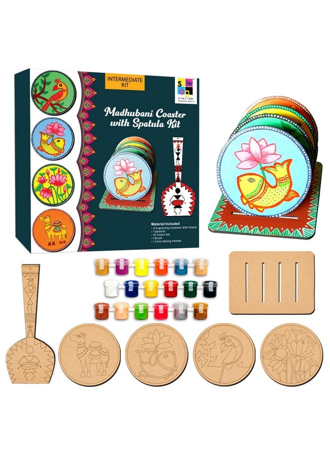 SWAGSTATION Madhubani Art Kit,Pre Marked Tea Coaster with Spatula for Painting,Birthday Gifts for Girls 9-12, Art kit for Adults,Coaster with Spatula Kit - 03 - Image 2
