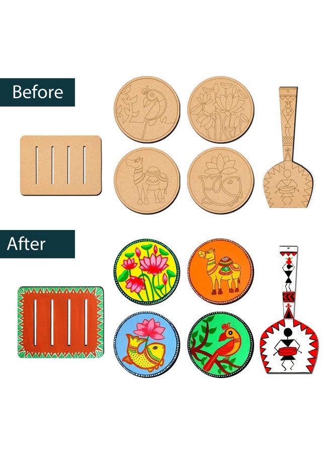 SWAGSTATION Madhubani Art Kit,Pre Marked Tea Coaster with Spatula for Painting,Birthday Gifts for Girls 9-12, Art kit for Adults,Coaster with Spatula Kit - 03 - Image 3