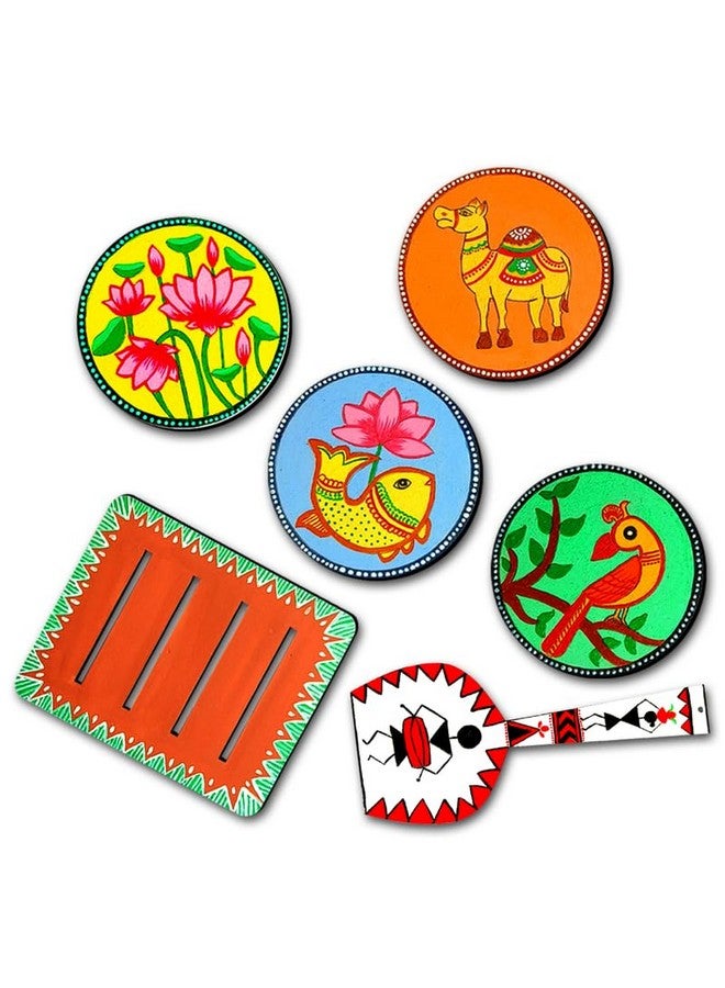SWAGSTATION Madhubani Art Kit,Pre Marked Tea Coaster with Spatula for Painting,Birthday Gifts for Girls 9-12, Art kit for Adults,Coaster with Spatula Kit - 03 - Image 1