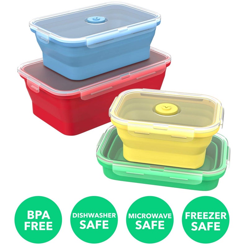 Vremi Silicone Food Storage Containers with BPA Free Airtight Plastic Lids - Set of 4 Small and Large Collapsible Meal Prep Container for Kitchen Lunch Boxes - Microwave and Freezer Safe - Image 4