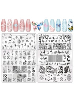Whaline 6Pcs Flower Butterfly Nail Art Plates Rectangular Floral Stamping Plates Butterfly Image Stamp Templates Stamping Kit for Women Spring Summer DIY Print Manicure Salon Design Gift