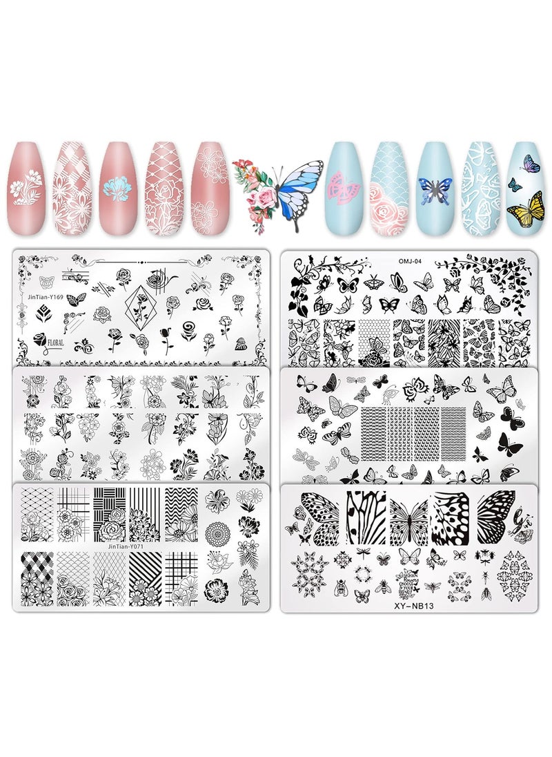 Whaline - Whaline 6Pcs Flower Butterfly Nail Art Plates Rectangular Floral Stamping Plates Butterfly Image Stamp Templates Stamping Kit for Women Spring Summer DIY Print Manicure Salon Design Gift - Image 1