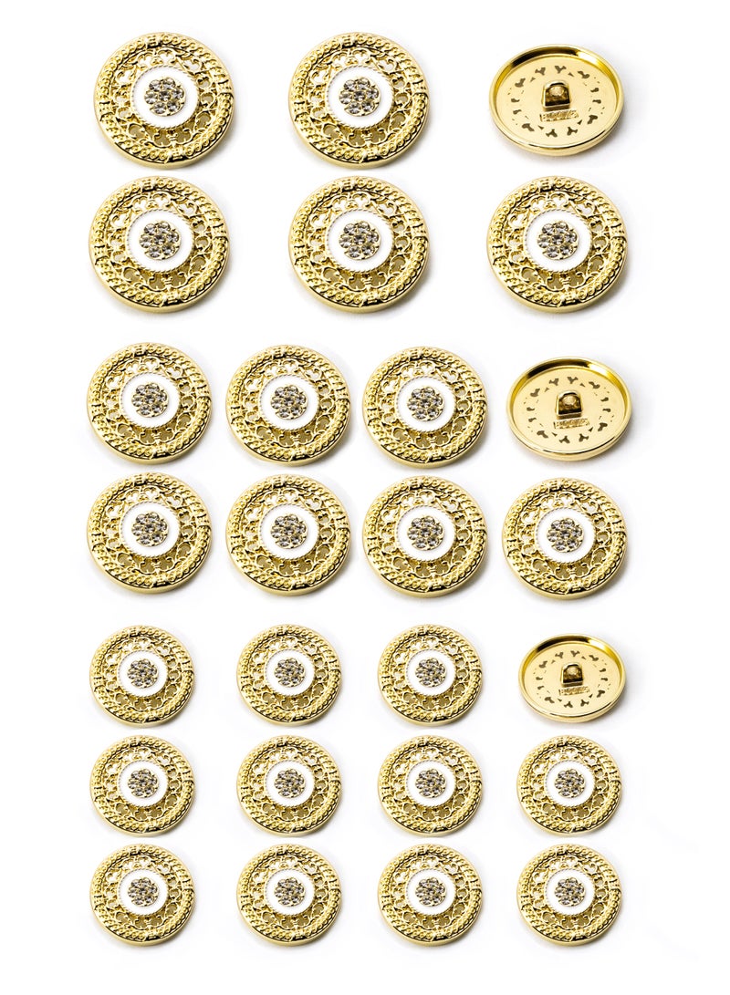 26PCS and 3 sizes Clothes Buttons - Fashion nice Design with stone Round Shaped Metal Button Set (Gold + White )  - Image 1