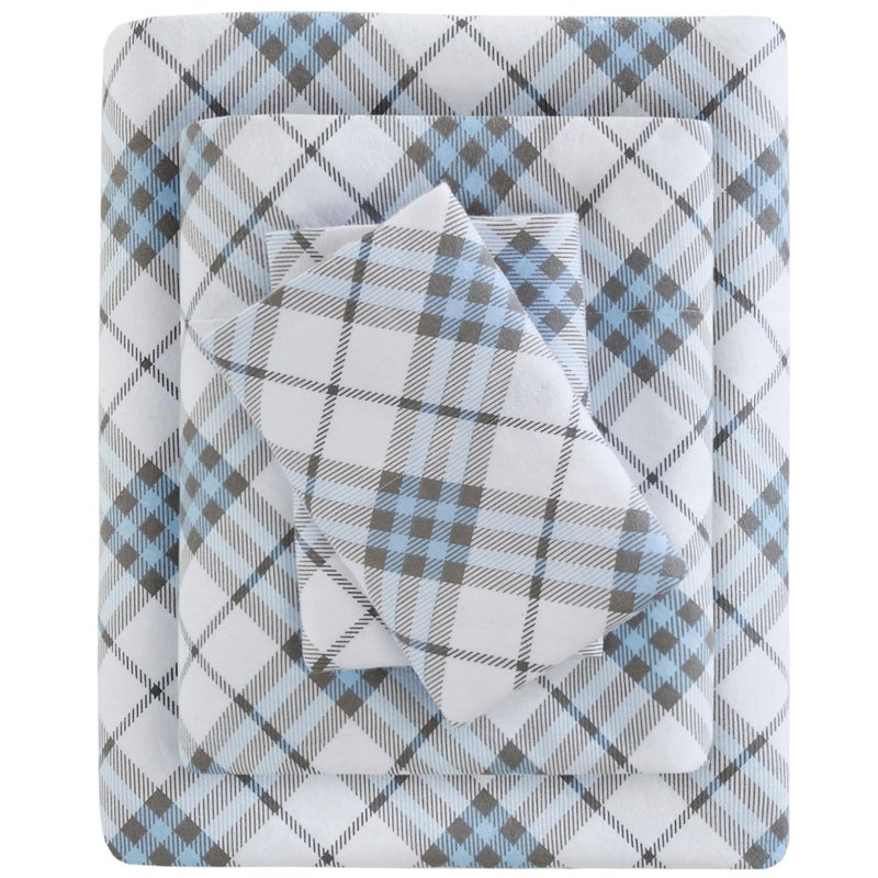 Sleep Philosophy True North Cozy Flannel Warm 100% Cotton Sheet - Novelty Print Animals Stars Cute Ultra Soft Cold Weather Bedding Set, Queen, Blue Plaid 4 Piece - Image 1