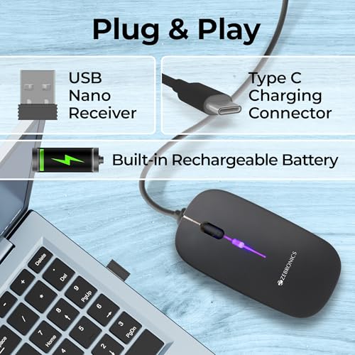 Zebronics Wireless Mouse, Dual Mode 2.4GHz + BT, Up to 1600 DPI, USB Nano Receiver, Lightweight Design, Multicolor LED Lights, Rechargeable Battery (Blanc, Grey) - Image 5