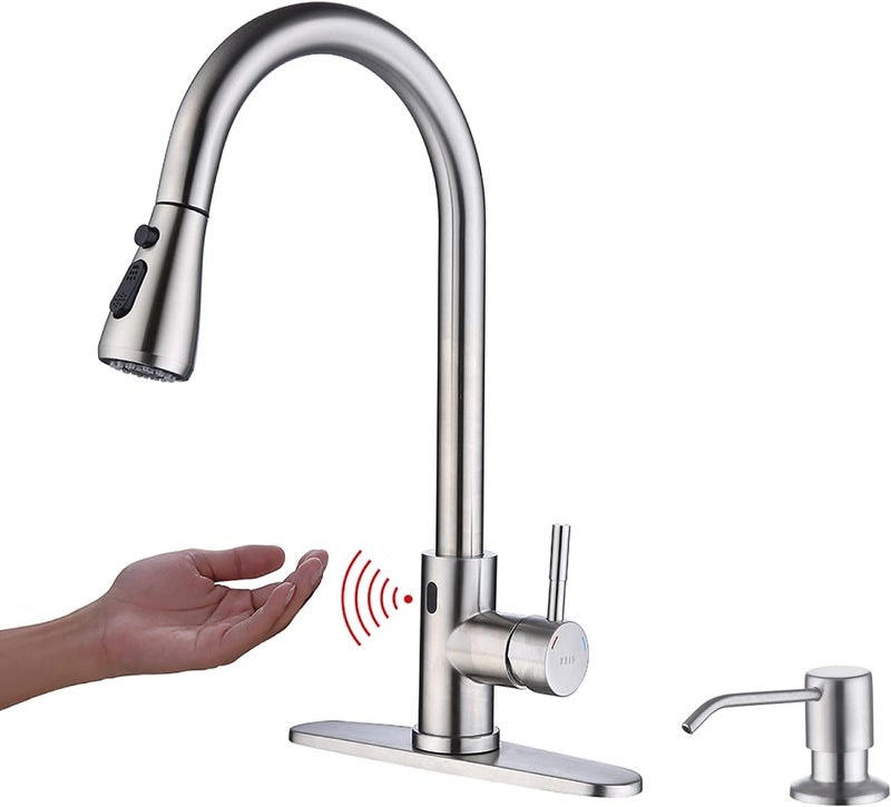 Keer Touchless Kitchen Faucet with Pull Down Sprayer, Motion Sensor Kitchen Faucet with Kitchen Soap Dispenser, Single Kitchen Faucet High Arc Pull Out Faucet for Kitchen Sink RV，Brush Nickel - Image 1