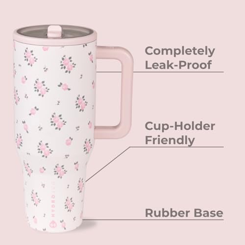 HydroJug Traveler - 32 oz Water Bottle with Handle & Flip Straw - Fits in Cup Holder, Leak Resistant Tumbler-Reusable Insulated Stainless Steel & Rubber Base - Gifts for Women & Men, Wildrose - Image 2