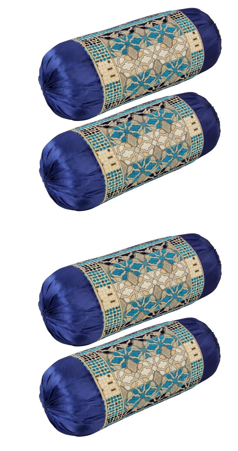 HSR Collection Chenille Velvet Luxury Round Bolsters Covers (Standard, Blue) - Set of 4 - Image 1