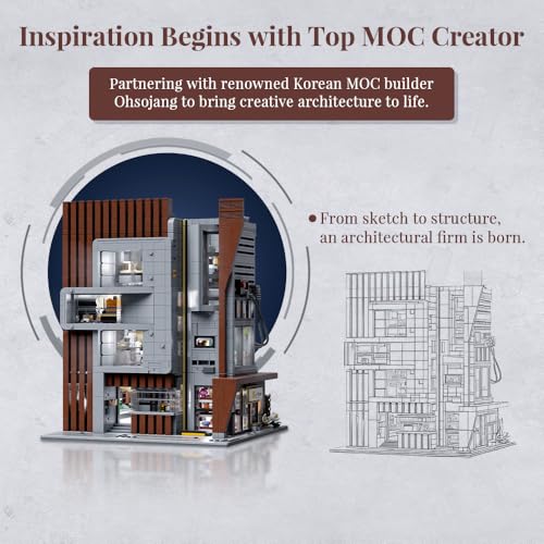 PANTASY Architecture Studio Building Set Korean MOC Artist Ohsojang Collaboration Modular 3Story Modern Office with LED Lighting Urban Street Scene Brick Model with 5 Minifigures - Image 5