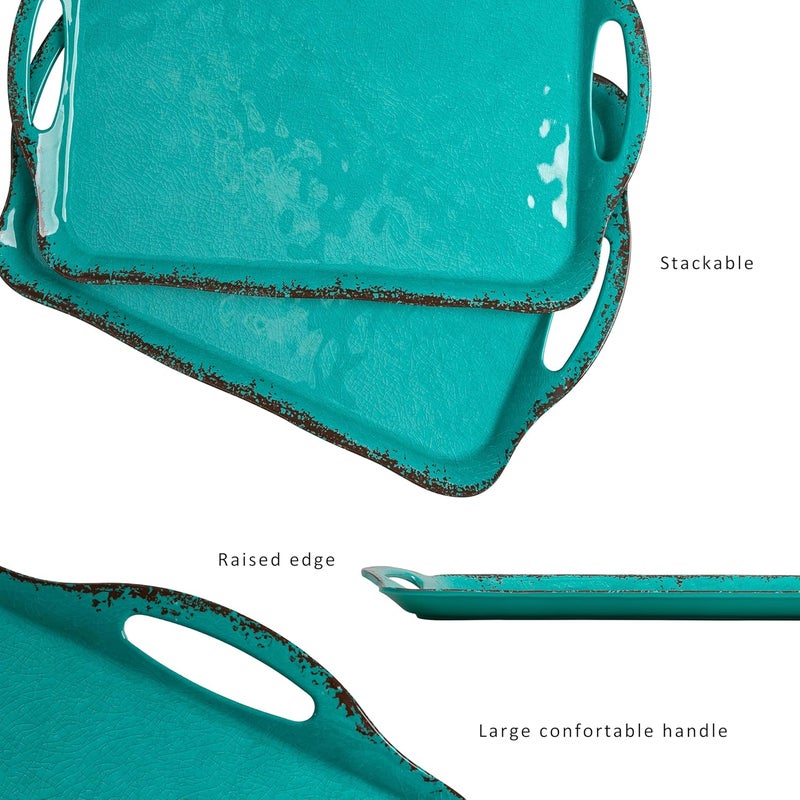 LEHAHA Large Farmhouse Melamine Serving Platters Serving Tray with Handle for Food Appetizer Cupcakes Dessert Raised Edge Large Party Platter or TV Dinner Trays 1725x12 inch Set of 2 Teal - Image 5