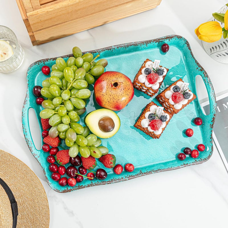 LEHAHA Large Farmhouse Melamine Serving Platters Serving Tray with Handle for Food Appetizer Cupcakes Dessert Raised Edge Large Party Platter or TV Dinner Trays 1725x12 inch Set of 2 Teal - Image 4