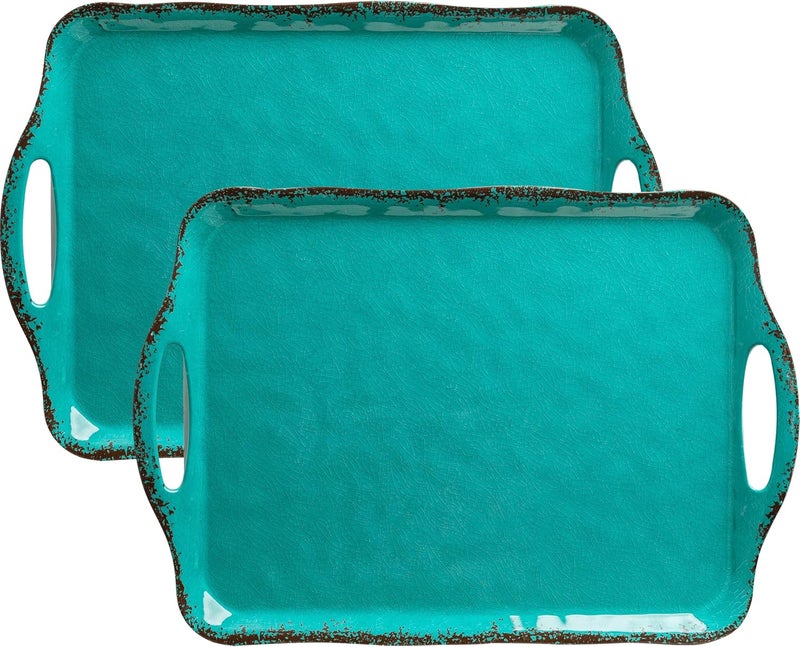 LEHAHA Large Farmhouse Melamine Serving Platters Serving Tray with Handle for Food Appetizer Cupcakes Dessert Raised Edge Large Party Platter or TV Dinner Trays 1725x12 inch Set of 2 Teal - Image 1