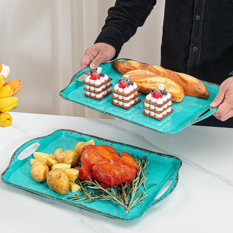 LEHAHA Large Farmhouse Melamine Serving Platters Serving Tray with Handle for Food Appetizer Cupcakes Dessert Raised Edge Large Party Platter or TV Dinner Trays 1725x12 inch Set of 2 Teal - Image 2