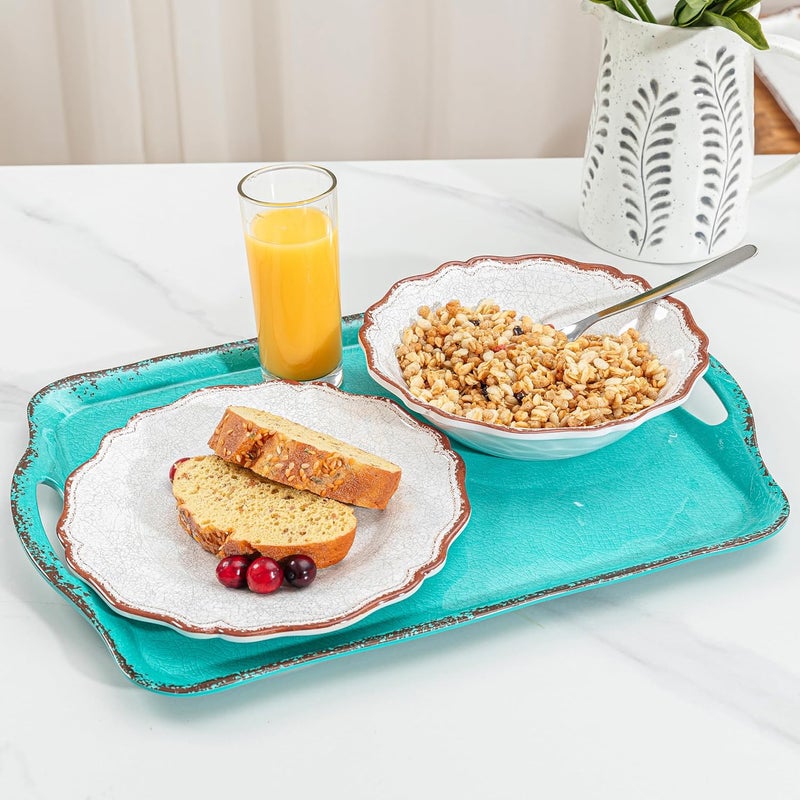 LEHAHA Large Farmhouse Melamine Serving Platters Serving Tray with Handle for Food Appetizer Cupcakes Dessert Raised Edge Large Party Platter or TV Dinner Trays 1725x12 inch Set of 2 Teal - Image 3