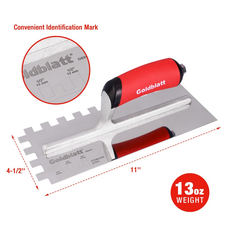 Goldblatt 1/2" Square Notch Trowel, Made of Premium Stainless Steel with Soft Grip Handle, Perfect Tool for Cement, Concrete, Masonry Tile Installation Work - Image 2