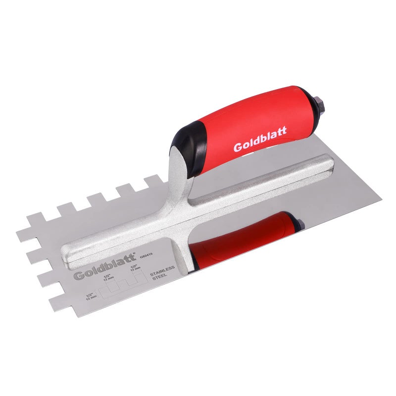 Goldblatt 1/2" Square Notch Trowel, Made of Premium Stainless Steel with Soft Grip Handle, Perfect Tool for Cement, Concrete, Masonry Tile Installation Work - Image 1