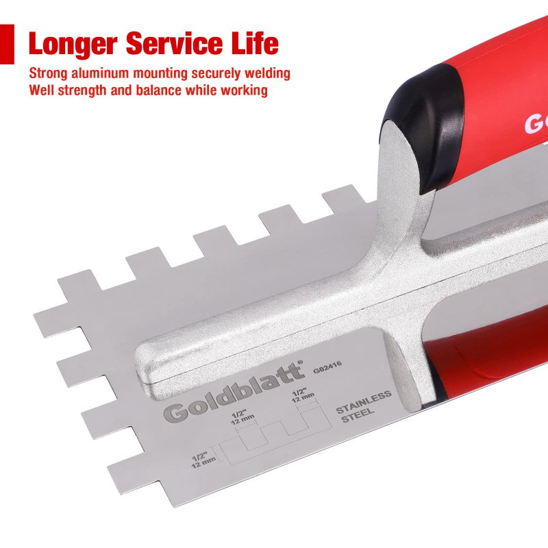 Goldblatt 1/2" Square Notch Trowel, Made of Premium Stainless Steel with Soft Grip Handle, Perfect Tool for Cement, Concrete, Masonry Tile Installation Work - Image 5