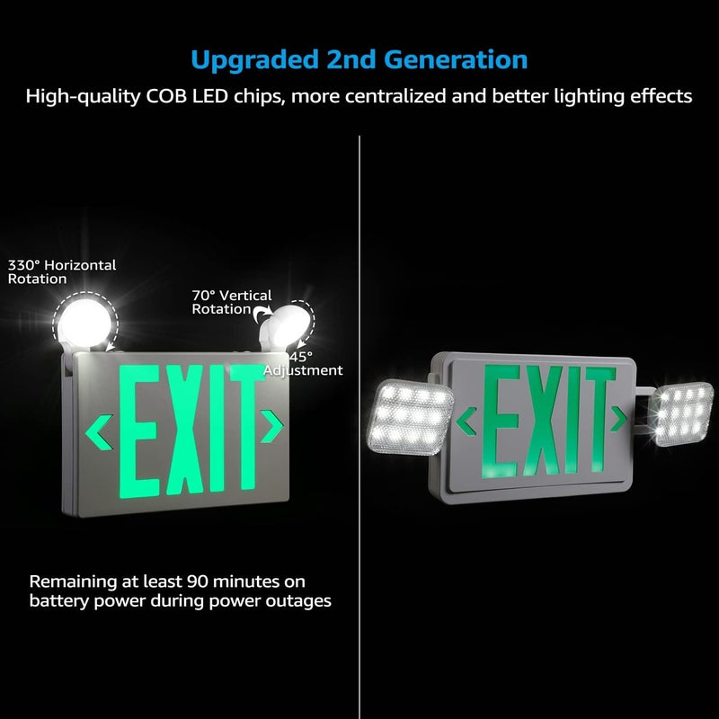 TORCHSTAR Green LED Exit Sign with Emergency Lights, UL 924, Emergency Exit Light with Battery Backup, Adjustable Heads, Fire Exit Sign with Lights, Double Face, AC 120/277V, Damp Location, Pack of 4 - Image 3
