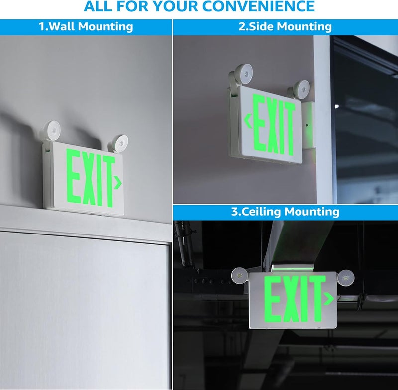 TORCHSTAR Green LED Exit Sign with Emergency Lights, UL 924, Emergency Exit Light with Battery Backup, Adjustable Heads, Fire Exit Sign with Lights, Double Face, AC 120/277V, Damp Location, Pack of 4 - Image 4
