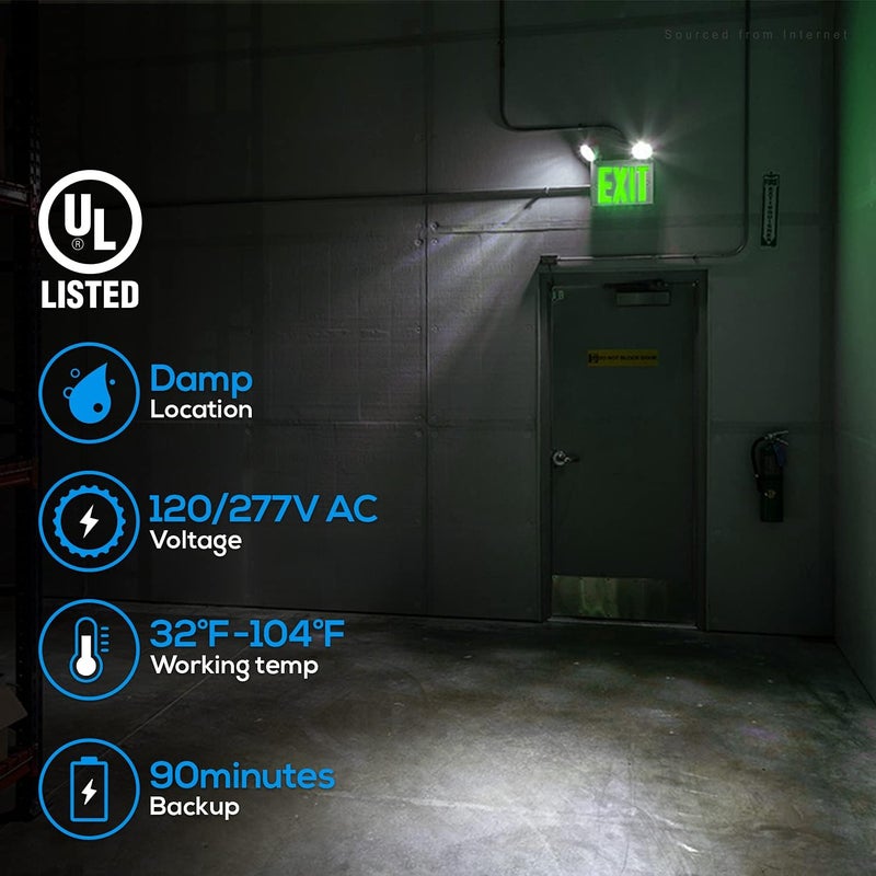 TORCHSTAR Green LED Exit Sign with Emergency Lights, UL 924, Emergency Exit Light with Battery Backup, Adjustable Heads, Fire Exit Sign with Lights, Double Face, AC 120/277V, Damp Location, Pack of 4 - Image 2