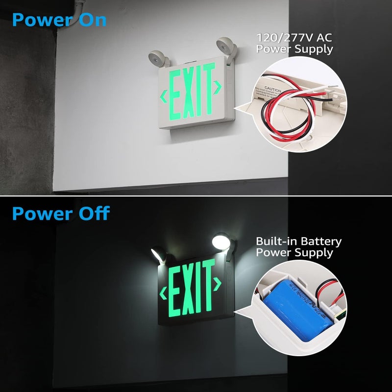 TORCHSTAR Green LED Exit Sign with Emergency Lights, UL 924, Emergency Exit Light with Battery Backup, Adjustable Heads, Fire Exit Sign with Lights, Double Face, AC 120/277V, Damp Location, Pack of 4 - Image 5