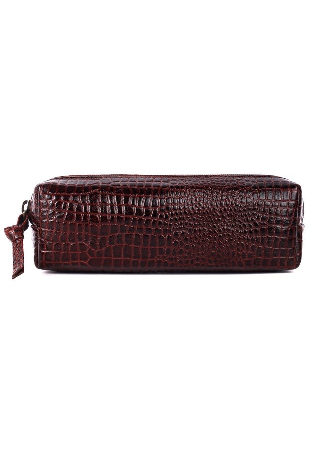 HAMMONDS FLYCATCHER - HAMMONDS FLYCATCHER Leather Utility Pouch - Multi-Use Genuine Leather Pencil Case, Cosmetic Pouch, Stationery Pouch, Coin, Makeup Brush Pouch for Women & Men - School & Office Organizer - Croc Brown - Image 1