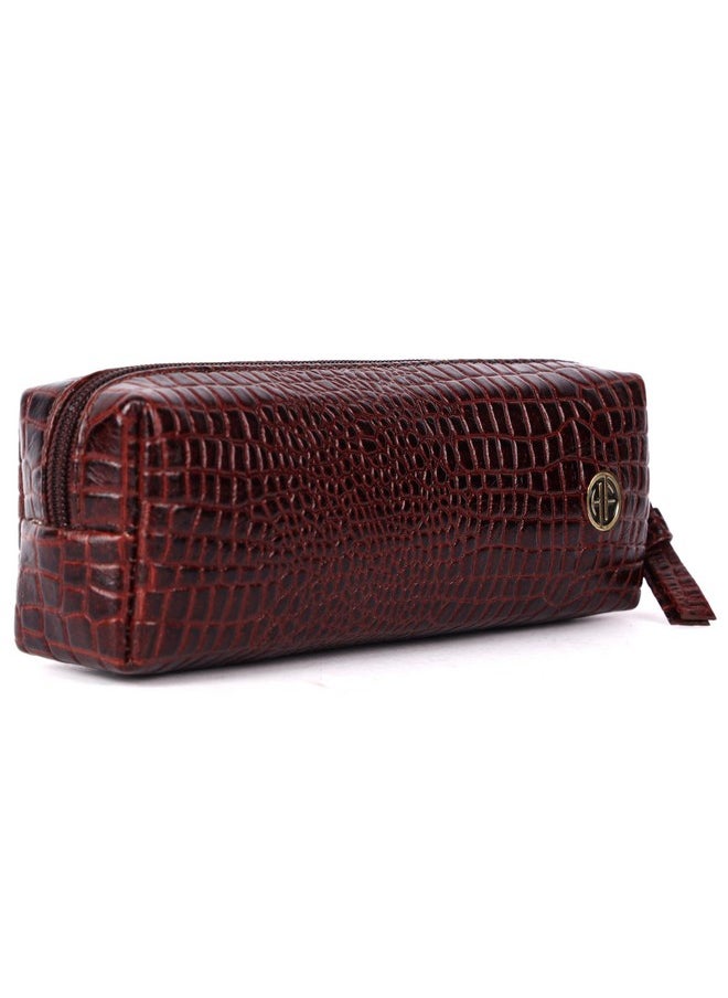 HAMMONDS FLYCATCHER - HAMMONDS FLYCATCHER Leather Utility Pouch - Multi-Use Genuine Leather Pencil Case, Cosmetic Pouch, Stationery Pouch, Coin, Makeup Brush Pouch for Women & Men - School & Office Organizer - Croc Brown - Image 1