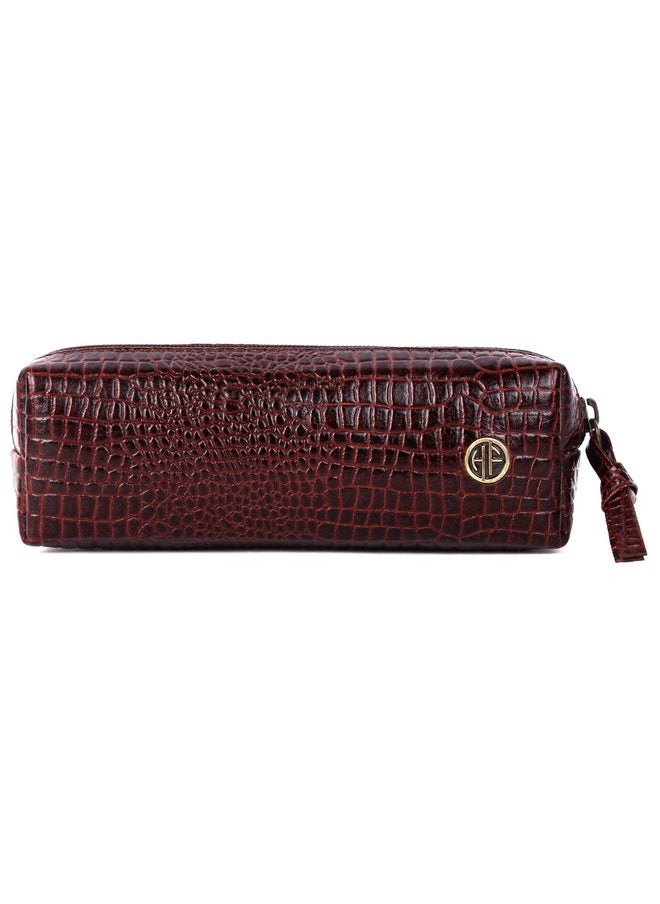 HAMMONDS FLYCATCHER - HAMMONDS FLYCATCHER Leather Utility Pouch - Multi-Use Genuine Leather Pencil Case, Cosmetic Pouch, Stationery Pouch, Coin, Makeup Brush Pouch for Women & Men - School & Office Organizer - Croc Brown - Image 1