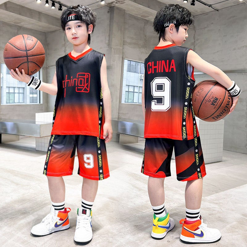 Boys Summer 2024 New Thin Vest Basketball Suit Set 22112 red 