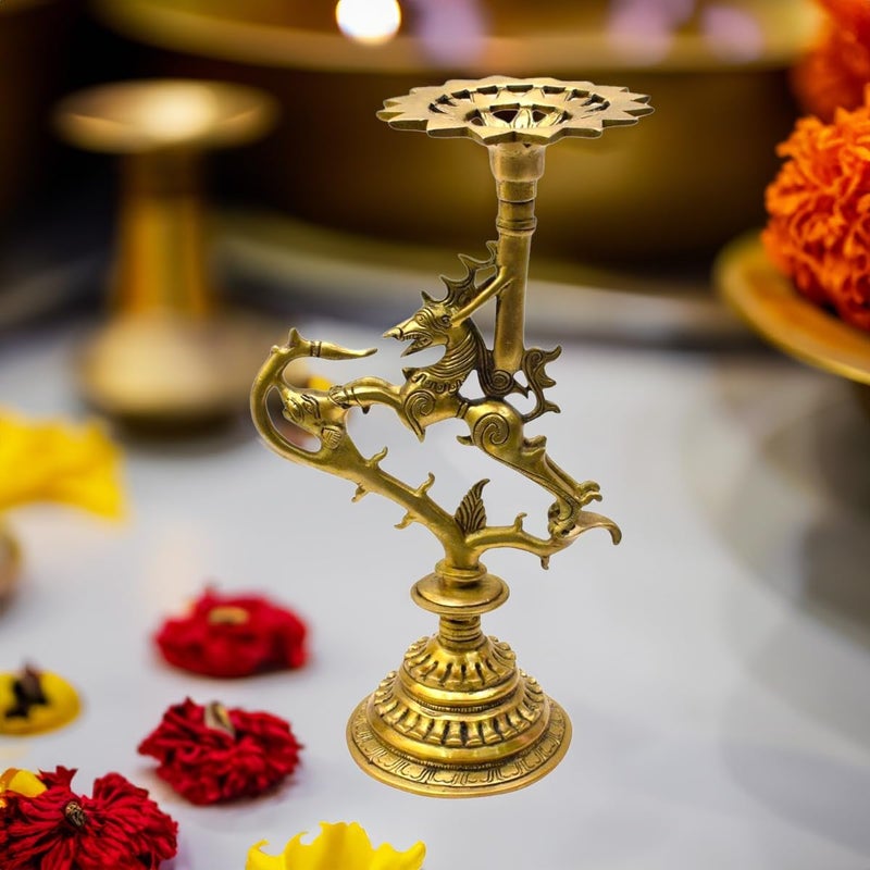 Tarang Arts Tarang Arts Brass Yali Candle Stand Decorative Showpiece Metal Tea Light Holder for Home Decor Tabletop Decor Tea Light Candle Stand for Sideboards Office Festivals Gift 13x7x5 Inch 