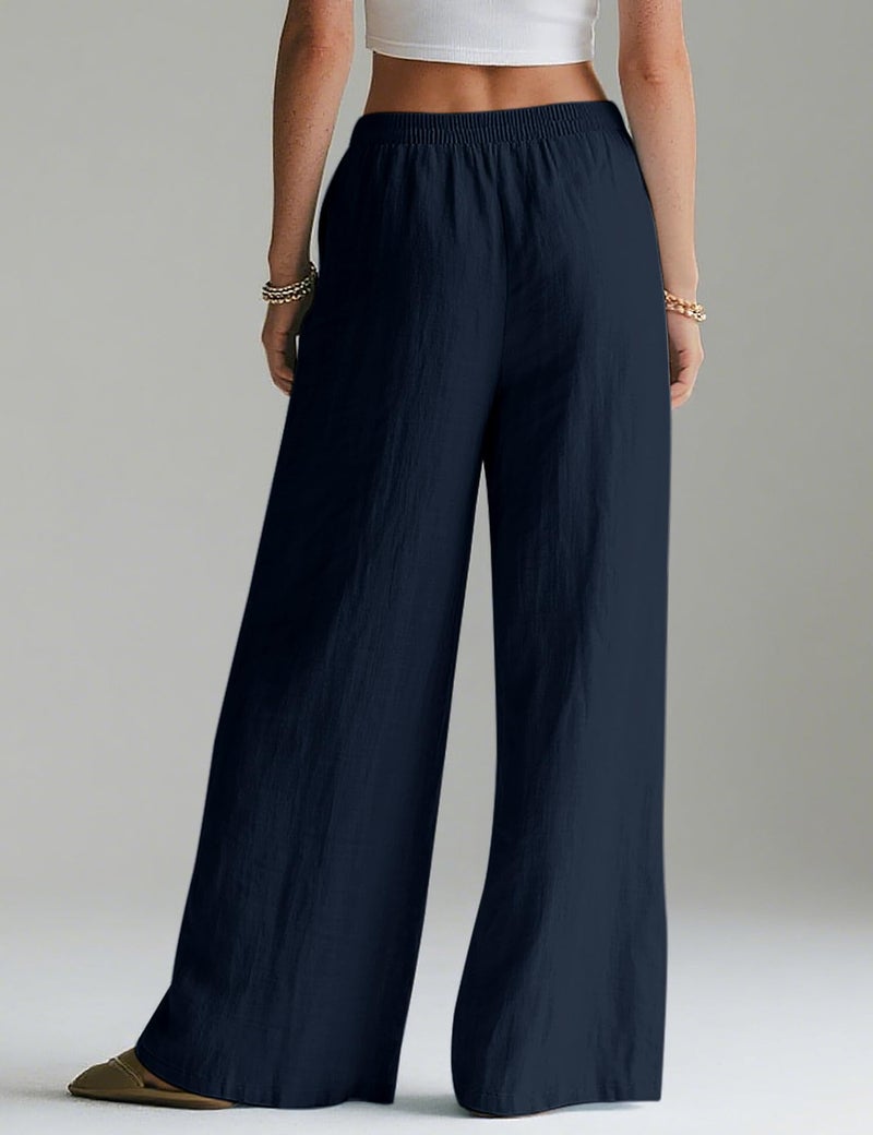 LOMON Palazzo Pants for Women Casual Wide Leg Linen Summer Flowy Pants Beach Vacation Clothes Loose Travel Bottoms with Pockets (Navy Blue, M) - Image 4