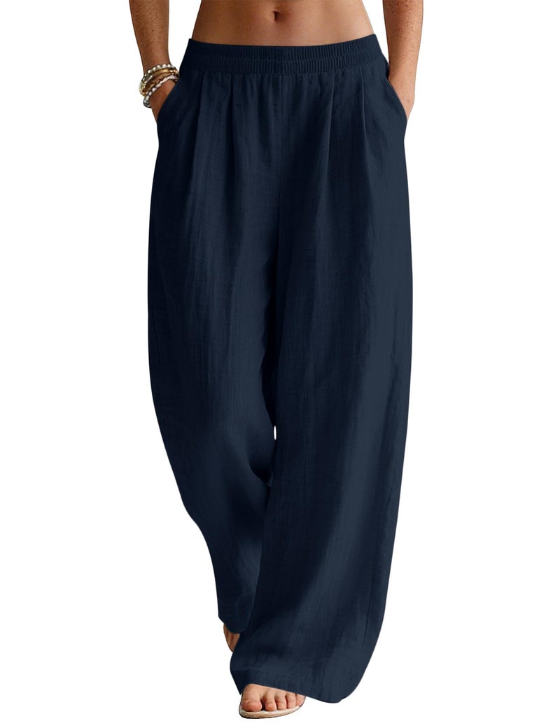 LOMON Palazzo Pants for Women Casual Wide Leg Linen Summer Flowy Pants Beach Vacation Clothes Loose Travel Bottoms with Pockets (Navy Blue, M) - Image 1