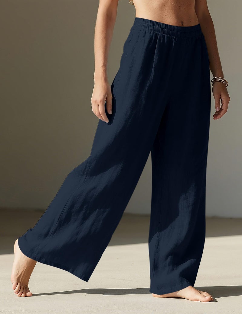 LOMON Palazzo Pants for Women Casual Wide Leg Linen Summer Flowy Pants Beach Vacation Clothes Loose Travel Bottoms with Pockets (Navy Blue, M) - Image 3