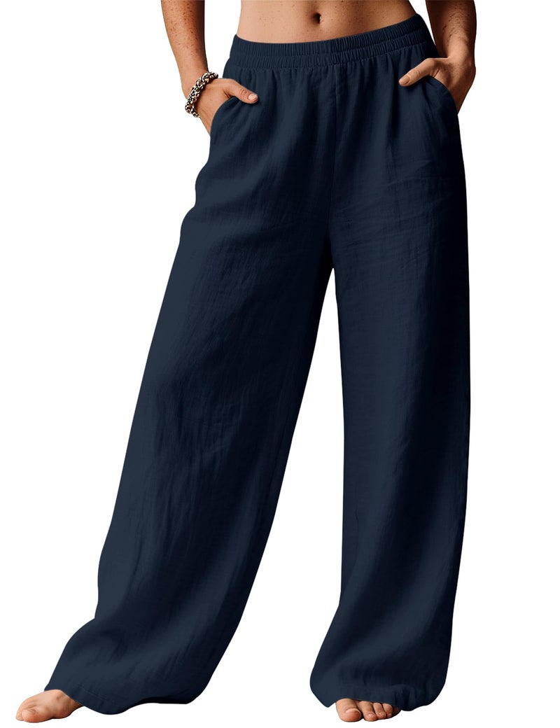 LOMON Palazzo Pants for Women Casual Wide Leg Linen Summer Flowy Pants Beach Vacation Clothes Loose Travel Bottoms with Pockets (Navy Blue, M) - Image 2