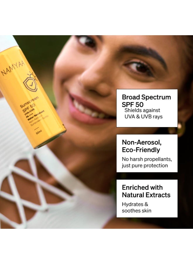 Namyaa Sunscreen Spray SPF50 For Sun Protection Against UVA/UVB With PA+++ (50ml) | Water Resistant & Non-Aerosol Sunscreen Spray Long-lasting Protection for All Skin Types | No White Cast | Light weight & Invisible | Pack of 1 - Image 3