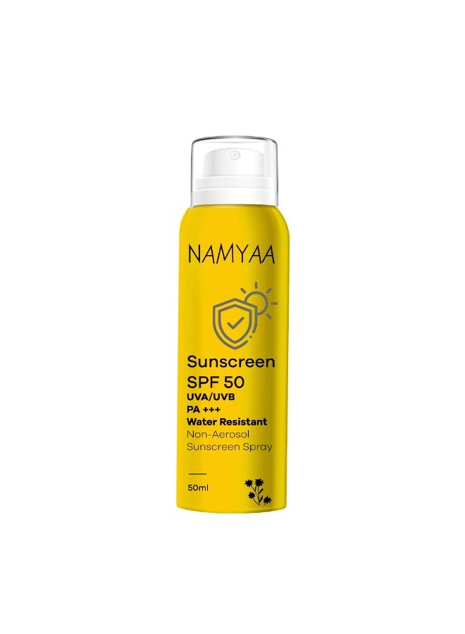 Namyaa Sunscreen Spray SPF50 For Sun Protection Against UVA/UVB With PA+++ (50ml) | Water Resistant & Non-Aerosol Sunscreen Spray Long-lasting Protection for All Skin Types | No White Cast | Light weight & Invisible | Pack of 1 - Image 1