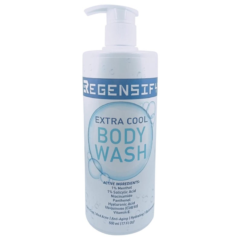 REGENSIFY Red Acne Extra Cool Body Wash 500 ml 17 Fl Oz 1 Menthol 1 Salicylic Acid Niacinamide Panthenol Hyaluronic Acid Coenzyme Q10 Vitamin E  Anti Aging Hydrating Icy Shower Gel