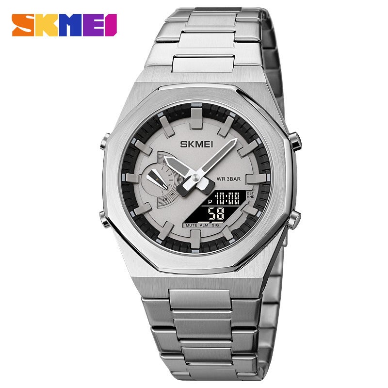 Multifunctional 1816 Sync Movement Dual Display Alarm Stainless Steel Mens Watch Silver black machine 