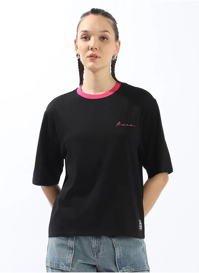هوبرهولمي Women's Black 100% Cotton Solid Oversized T-Shirt