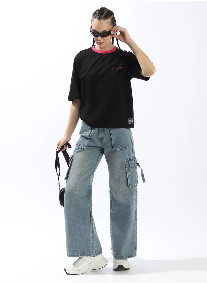 هوبرهولمي Women's Black 100% Cotton Solid Oversized T-Shirt