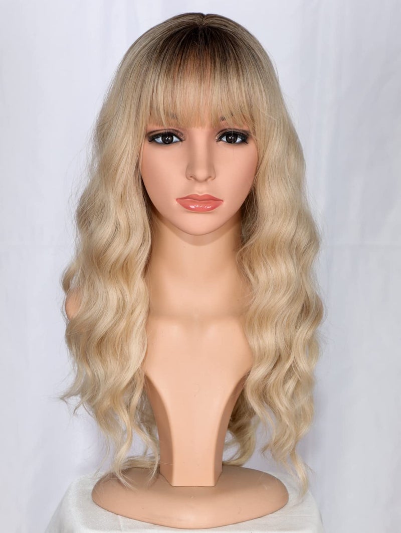 SYMEIW Medium Long Blonde Wavy Wigs For Women Synthetic Full Hair Wigs With Bangs For Daily Use Blonde