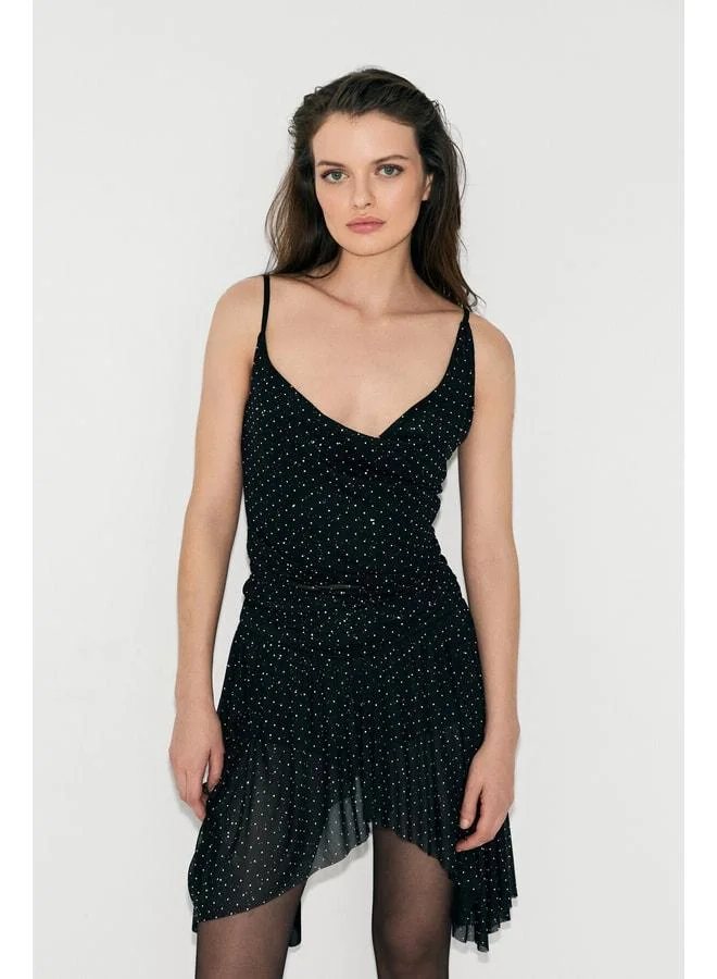 Grimelange LATIDO Women's degage-collared tulle overlay blouse featuring stone details, lined and strappy, in a stylish black crystal stone design.