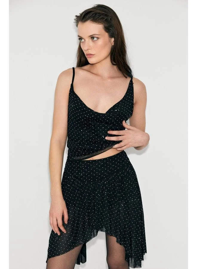 Grimelange LATIDO Women's degage-collared tulle overlay blouse featuring stone details, lined and strappy, in a stylish black crystal stone design.