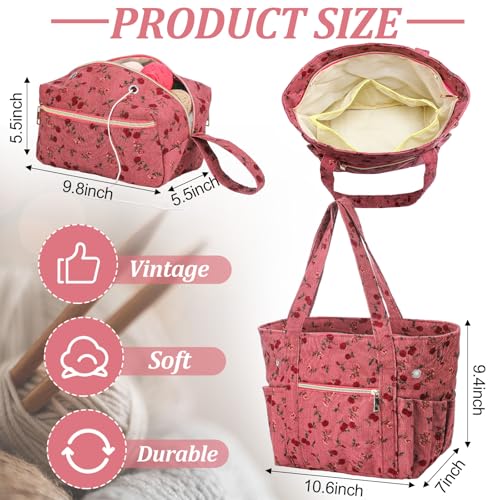 Bulyoou 2 Pcs Crochet Bag and Tote Set Corduroy Yarn Holder Crochet Tote Bag for Hooks Vintage Flowers Organizer Yarn Holder for Ideal Birthday Mothers Day Gift Knitting Lovers Accessories - Image 3