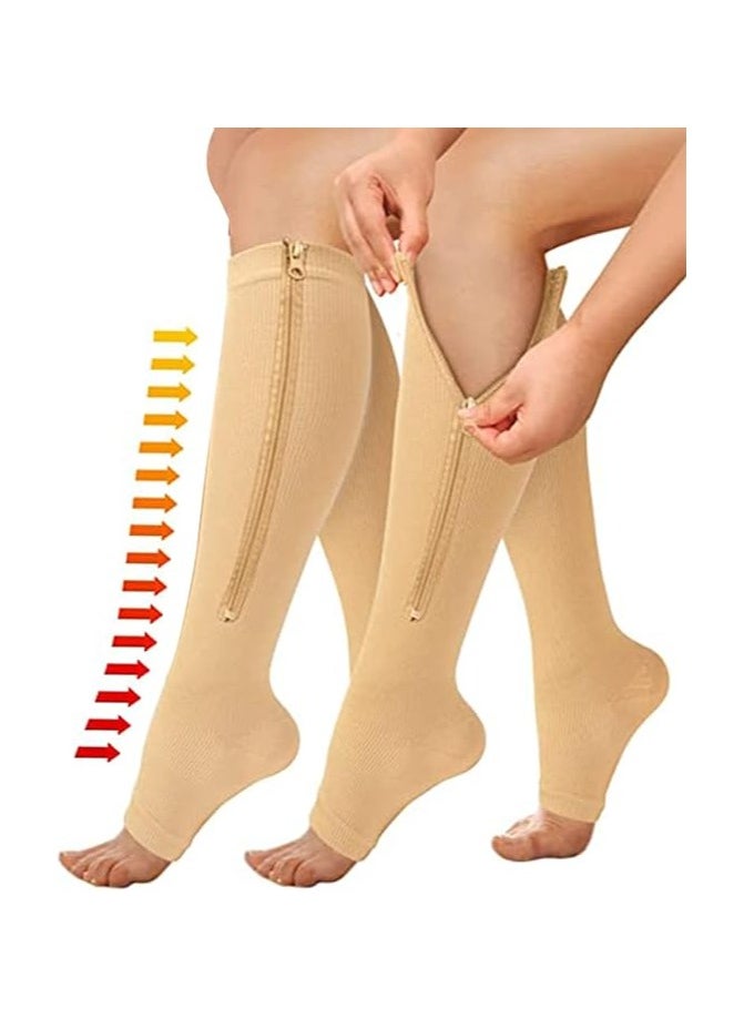 Generic Compression Socks for Women & Men with Zipper,2 Pairs Medical Open Toe Calf Knee High Compression Stocking for Walking,Running Circulation Support,beige 2 pair  - Image 1